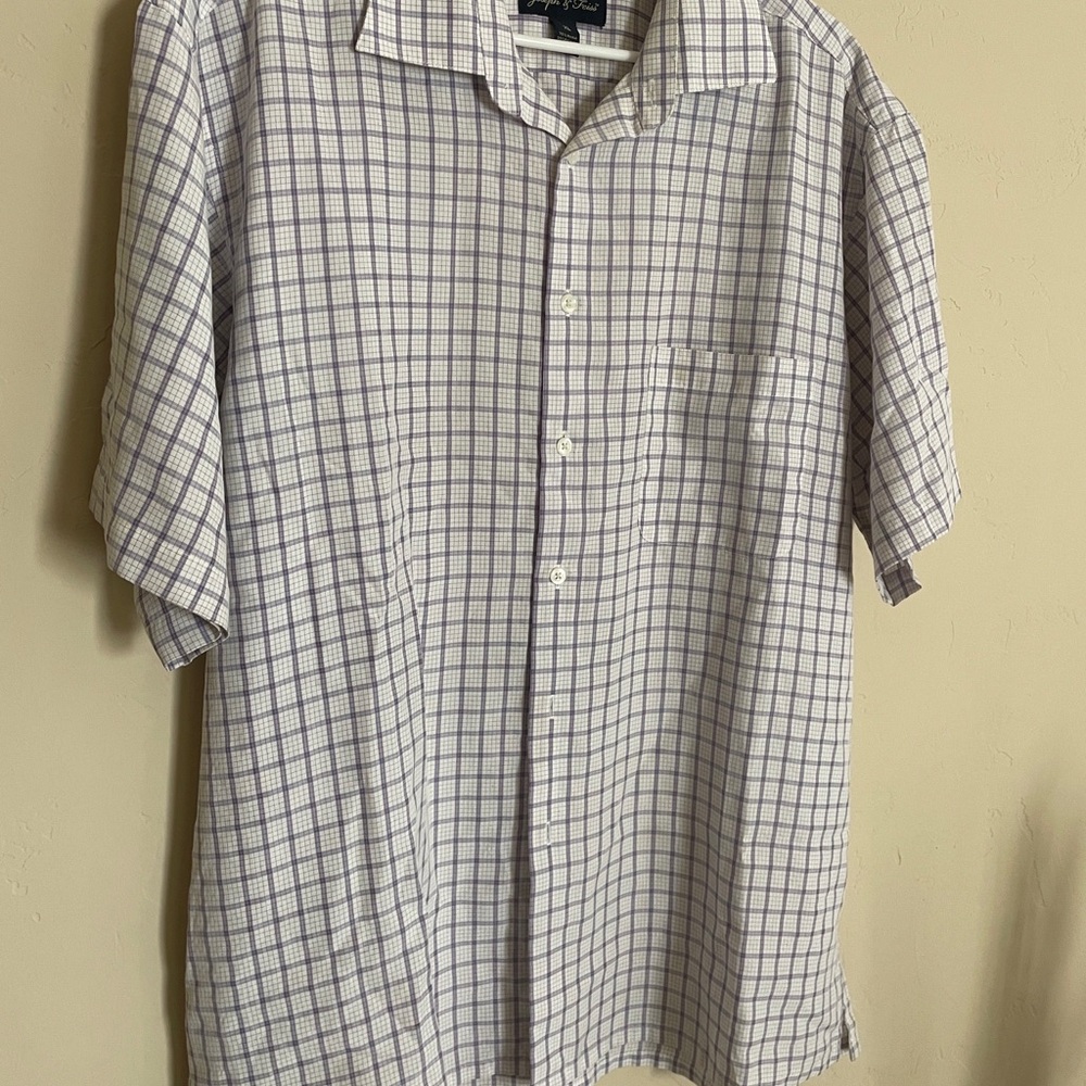 Joseph & Feiss White Short-Sleeve Dress Shirt with Light Purple Windowpane